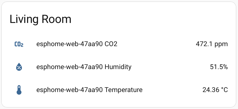 CO2, temperature and humidity readings in Home Assistant.