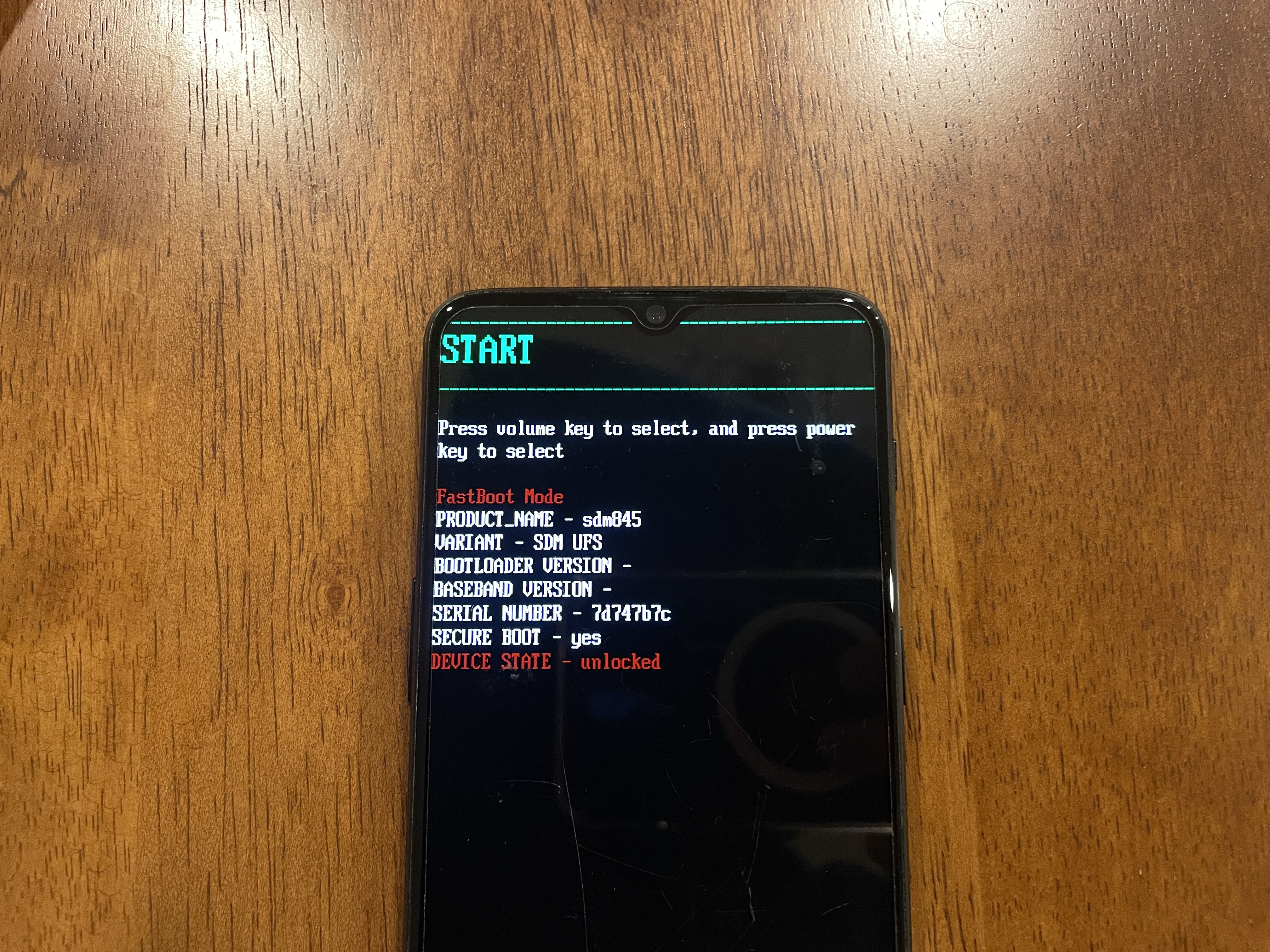 The flash mode screen, allowing the bootloader to be unlocked.