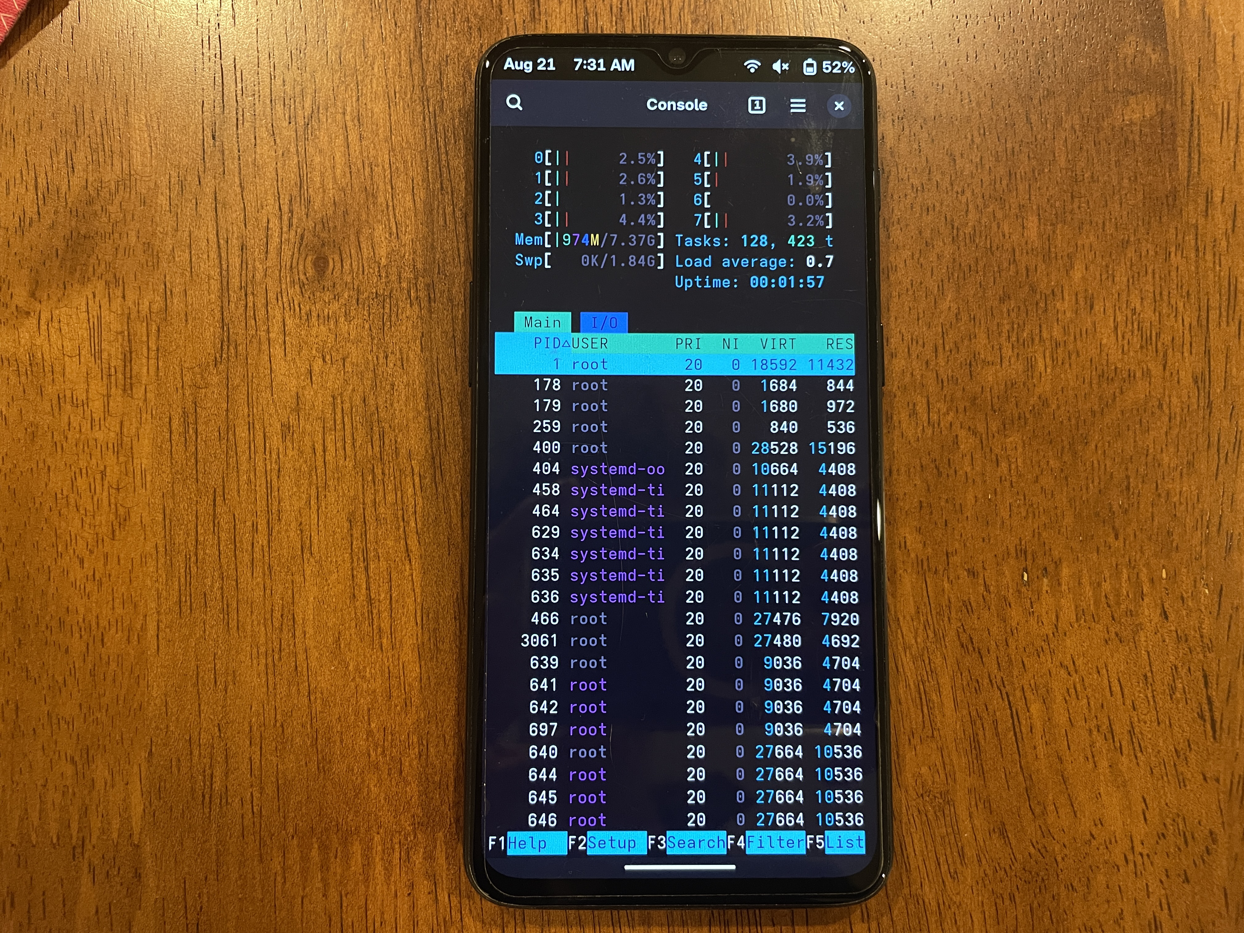 Running `htop`, showing 8GB of memory and 8 threads.