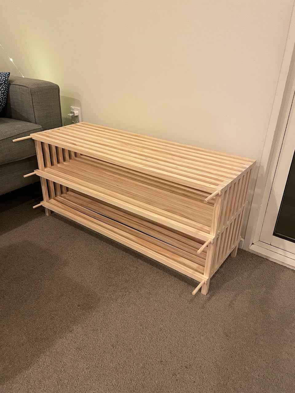 Here it is inside the house. The dowels need to be cut off and it'll need some glue.